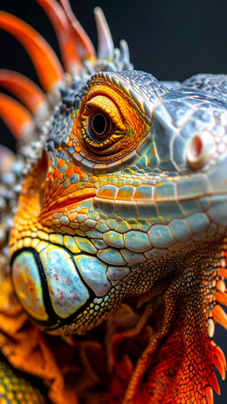 Close up of the eye of a green iguana with orange skinの素材