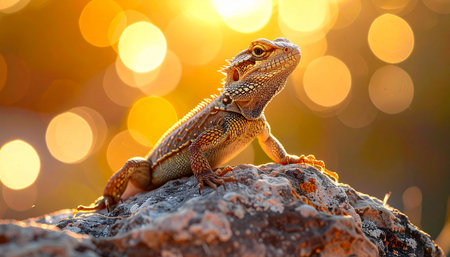 Lizard on the rocks in the rays of the setting sun.の素材
