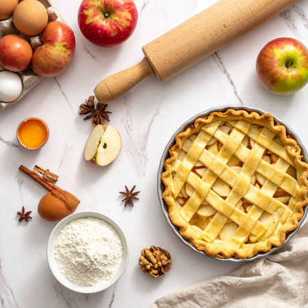 Homemade apple pie and ingredients on white marble background, top viewの素材