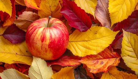 Autumn background with red apple and colorful leaves. Top view.の素材