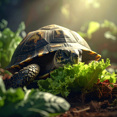 turtle in the garden on a background of green leaves and sunの素材