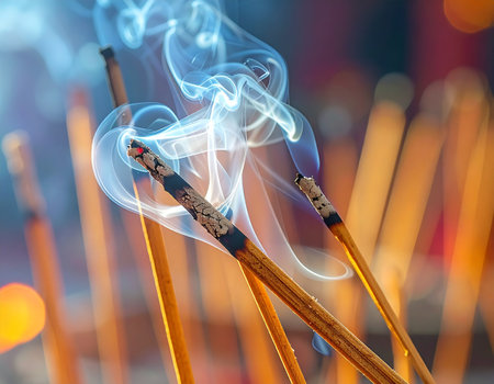 Incense stick with smoke in chinese temple, closeup.の素材