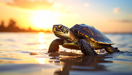Turtle in the water on the sunset background. 3d renderingの素材