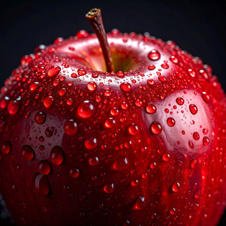 Red apple with water drops on black background. Shallow DOFの素材