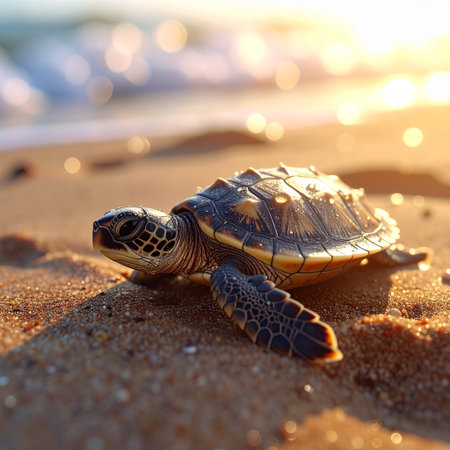 Sea turtle on the seashore in the rays of the setting sunの素材