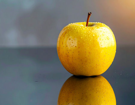 Yellow apple with water drops on a mirror surface. Selective focus.の素材