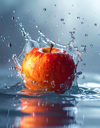 Red apple falling into water with drops of water splashing on itの素材