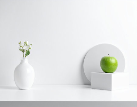 Green apple in white vase on white table. Minimalist interior design.の素材