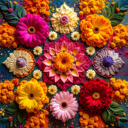 Flower rangoli for Diwali or any other festivals, made of multi-colored flowersの素材