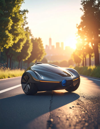 3D rendering of a brand-less generic concept car in the cityの素材