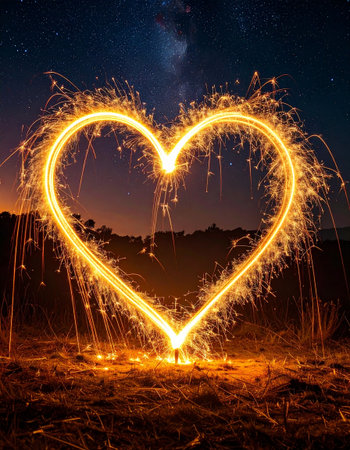 heart shape with sparks from burning steel wool at night with starry skyの素材