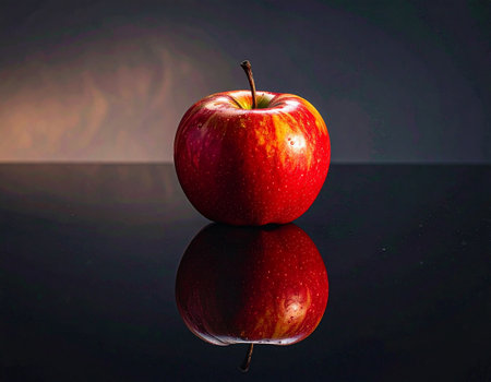 Red apple on a black background with reflection and copy space for textの素材
