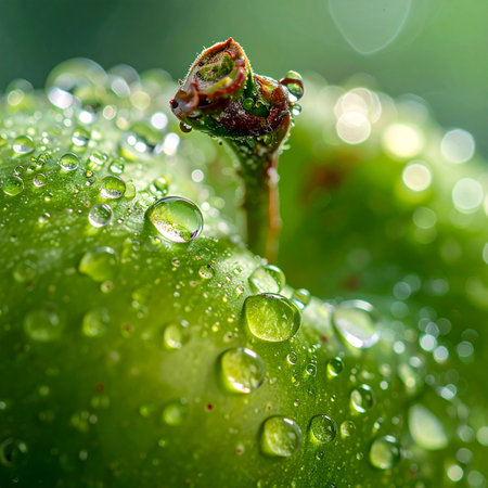 Green apple with water drops on a green background. Shallow depth of fieldの素材