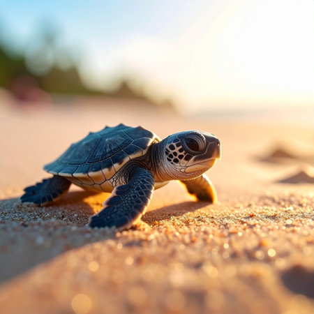 Little baby sea turtle on the seashore. Selective focus.の素材