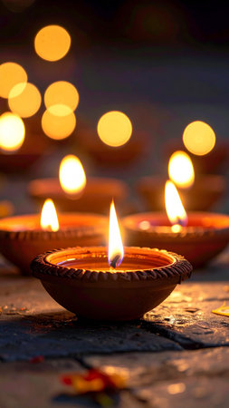 Happy Diwali - Clay Diya lamps lit during Diwali celebration.の素材