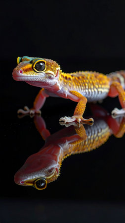 Leopard gecko on a black background with reflection. Animal.の素材