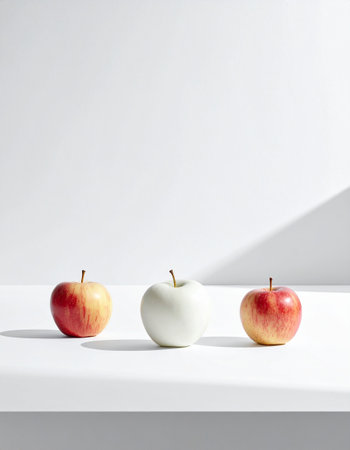 Red and white apples on a white background. Minimalism.の素材