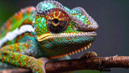 Close up of a colorful chameleon on a tree branch.の素材