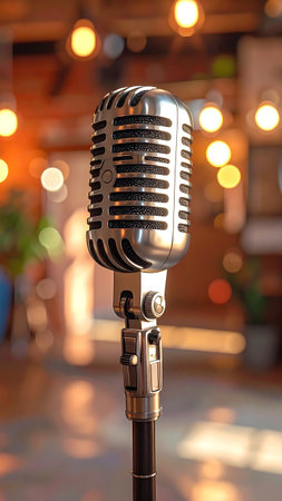 Retro microphone on a stand in a music studio with bokehの素材