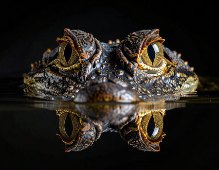 Close-up of a crocodile with reflection on black background.の素材