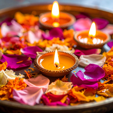 Indian festival Diwali, Diya oil lamps lit on colorful rangoli. Hindu traditional.の素材