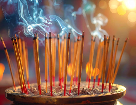 Incense sticks burning in a Buddhist temple, close-up.の素材