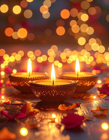 Beautiful diwali diya lamps with bokeh backgroundの素材