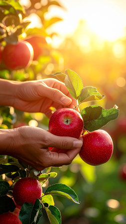 Female hand picking ripe red apples from apple tree branch in orchardの素材