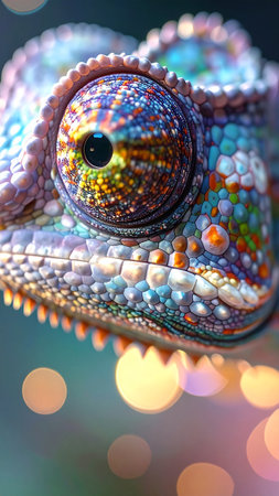 Close up of colorful chameleon head on the bokeh backgroundの素材