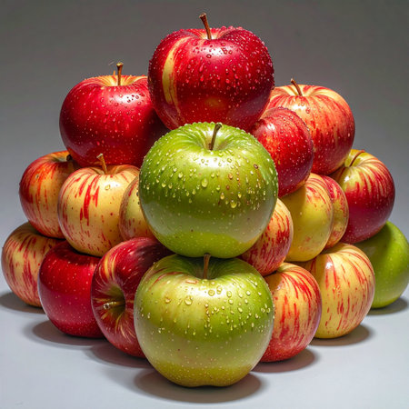 Ripe red and green apples with water drops on a gray backgroundの素材