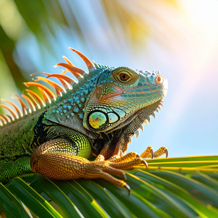 Green iguana on a palm tree in the rays of the sunの素材