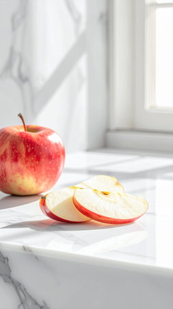 Fresh red apples on white marble countertop in sunlight with copy spaceの素材
