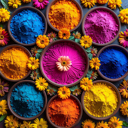 Colorful holi powder in bowls with flowers on dark background.の素材