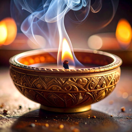 Close up of a burning candle in a clay bowl on a dark backgroundの素材
