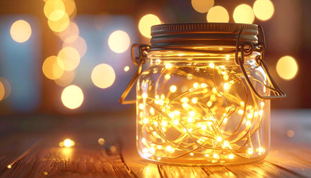 Christmas lights in a glass jar on a wooden table with bokeh backgroundの素材