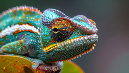 Close up of a colorful chameleon on a tree branch.の素材