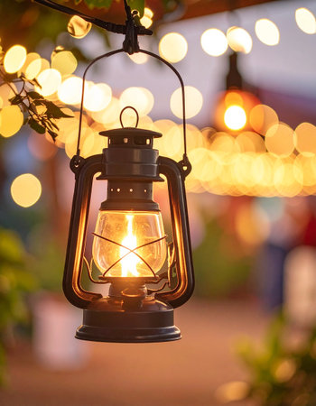 Lantern with bokeh lights in the background, vintage styleの素材