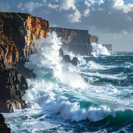 Beautiful seascape with stormy ocean waves and cliffs.の素材