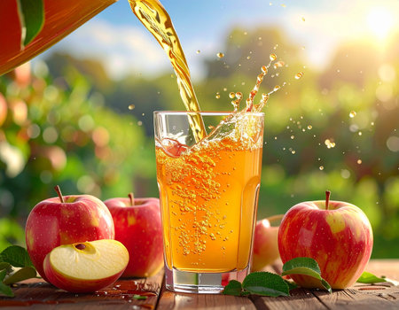 Apple juice splash in a glass and fresh apples on a wooden tableの素材