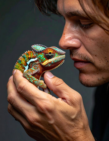 chameleon in the hands of a man on a black backgroundの素材