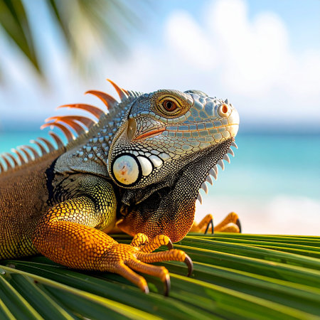 Iguana on a palm leaf on the background of the seaの素材