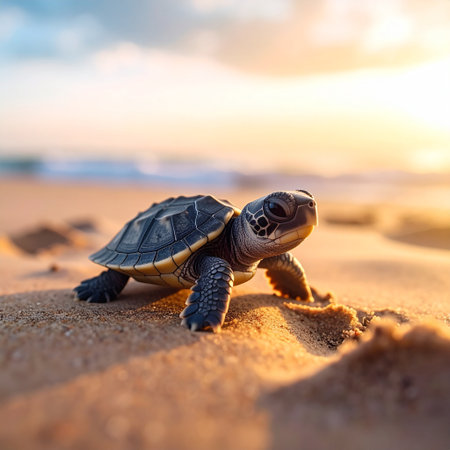 Little baby sea turtle on the beach at sunset. Beautiful nature background.の素材