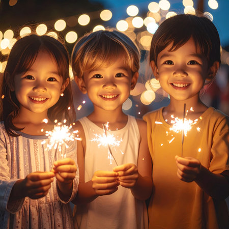 Happy children holding sparklers on the background of the night city.の素材