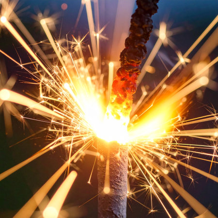 sparkler on a black background, sparks fly from a burning torchの素材