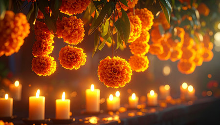 Beautiful orange marigold flowers with burning candles in the gardenの素材
