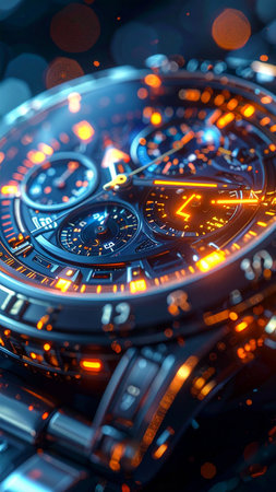Closeup of a luxury wristwatch with blue and orange lights.の素材