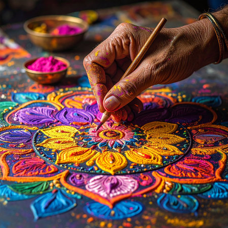 Hands of indian artist painting colorful rangoli, selective focusの素材