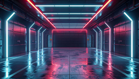 3D rendering of a futuristic corridor with neon lights and reflections.の素材