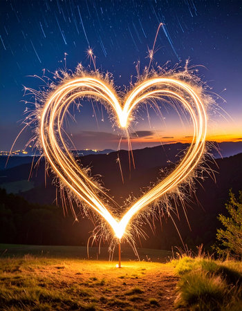 Heart shaped sparkler against the background of the mountains and the skyの素材
