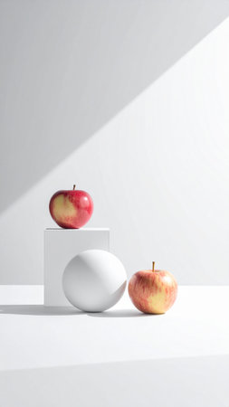 Minimal still life with red apples and white egg on a white backgroundの素材